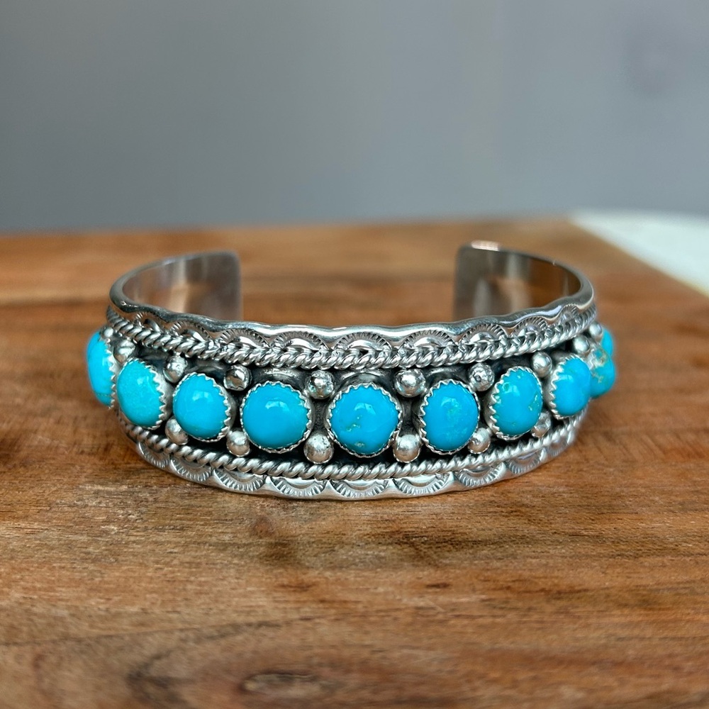 Signed Native American 15 Stone Sleeping Beauty Turquoise Silver Bracelet